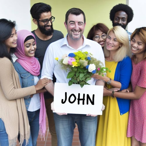 Eine Gruppe Menschen überreich einem Mann Blumen, einer der Menschen hält ein Schild mit dem Namen des Mannes John in der Hand, alle sind am Lächeln Eine Gruppe Menschen überreich einem Mann Blumen, einer der Menschen hält ein Schild mit dem Namen des Mannes John in der Hand, alle sind am Lächeln