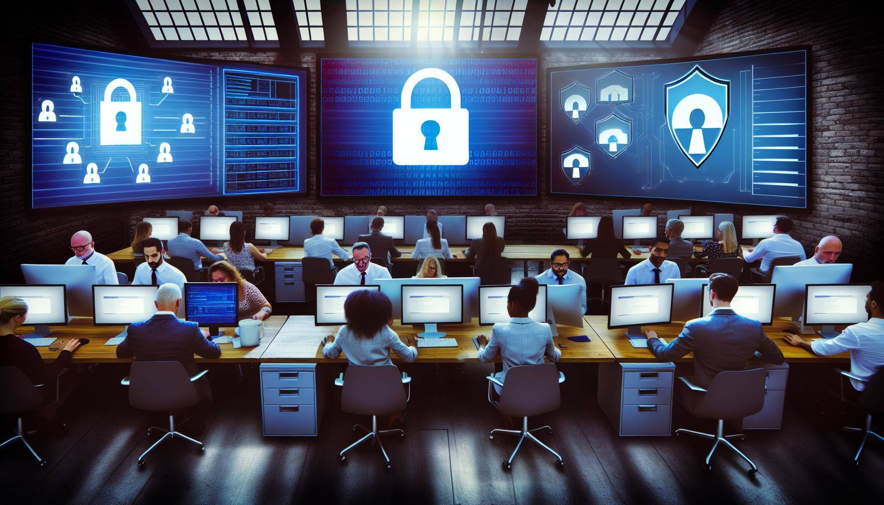 Zeige eine Firma die sehr sicher mit Daten und Datenschutz umgeht, sie sitzen am Schreibtisch Zeige eine Firma die sehr sicher mit Daten und Datenschutz umgeht, sie sitzen am Schreibtisch