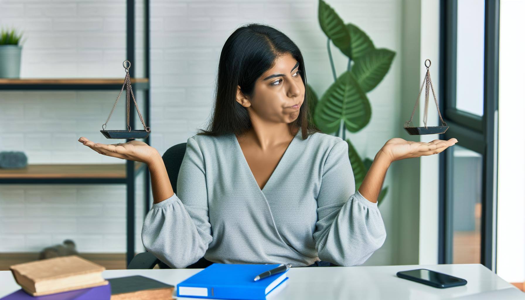 Person die Vor und Nachteile abwägt, die Hände wie eine Waage geformt, am Schreibtisch sitzend im Büro mit einer Pflanze im Hintergrund Person die Vor und Nachteile abwägt, die Hände wie eine Waage geformt, am Schreibtisch sitzend im Büro mit einer Pflanze im Hintergrund